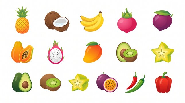 Tropical fruits vegetables and fresh herbs vector illustration collection isolated