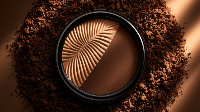 A circular makeup compact is centered in the frame, viewed from directly above. inside the glossy black rim, the powder is split diagonally. Ai generat