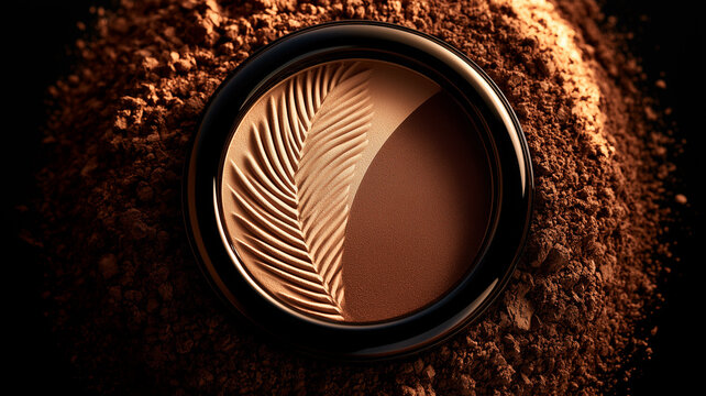 A circular makeup compact is centered in the frame, viewed from directly above. inside the glossy black rim, the powder is split diagonally. Ai generat
