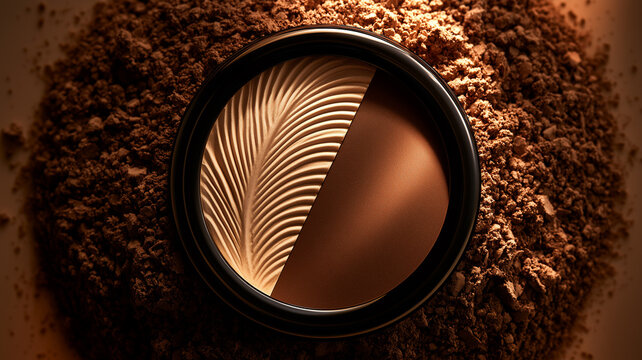 A circular makeup compact is centered in the frame, viewed from directly above. inside the glossy black rim, the powder is split diagonally. Ai generat