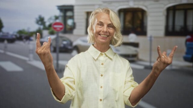 Woman making rock horns gesture with both hands and smiling, visible bare hands at a street crosswalk; playful.