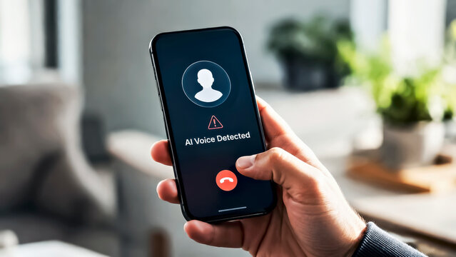 AI Voice Detection Warning on Smartphone Call for Deepfake Scam and Fraud Prevention