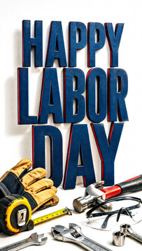 Happy Labor Day Typography with Work Tools, Gloves and Safety Equipment on White Background