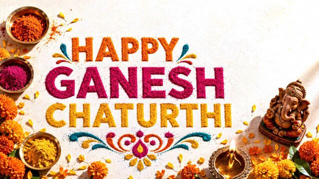 Happy Ganesh Chaturthi Rangoli Powder Typography with Ganesha Idol, Diya and Marigolds