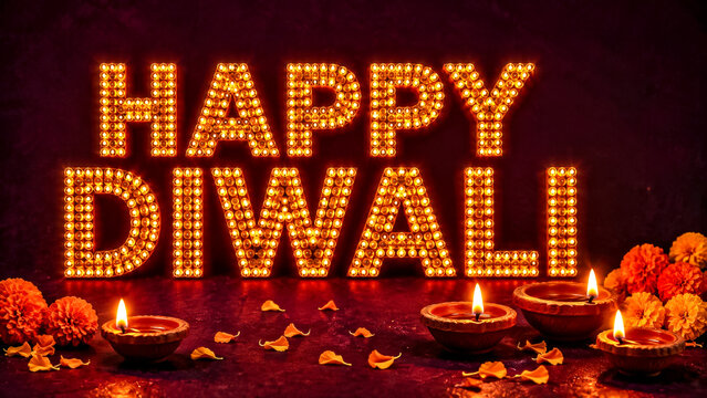 Happy Diwali Illuminated Light Bulb Typography with Diya Lamps and Marigold Flowers