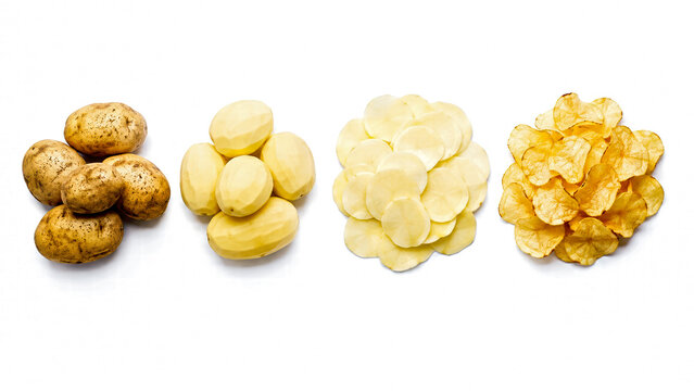 Potato's Journey from Tubers to Chips on White Isolated Studio Background