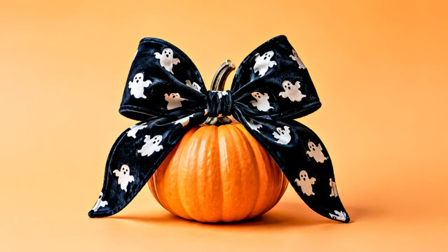 Tiny Pumpkin with Black Bow Tied Around the Stem on Clean Orange Studio Background