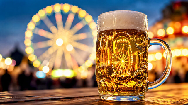 Cold Beer Mug at Oktoberfest Fairground with Ferris Wheel and Festive Lights at Night