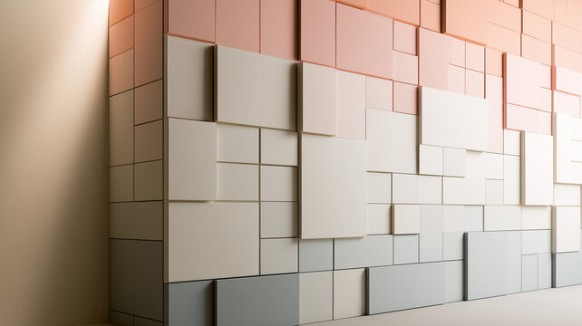 A geometric wall feature constructed from rectangular panels of different sizes and depths. the panels are organized in an asymmetrical grid. Ai generat