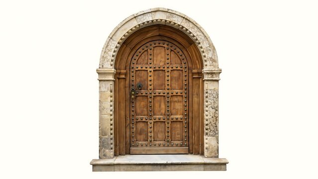 Ancient wooden arched door with stone frame and decorative iron studs on white background