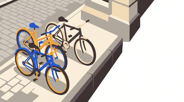 Three bicycles parked on a cobblestone street near a building  
