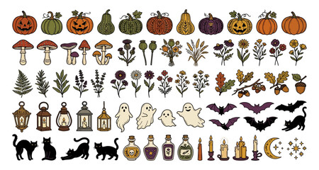 Obraz premium Witchy halloween botanical and magical clipart elements set with halloween witchcraft botanical mushroom illustration collection mystical celebration esoteric decorative whimsical