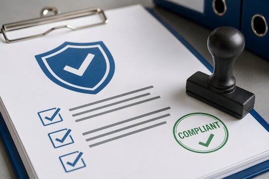 Clipboard with checklist and stamp for the concept of security and compliance.