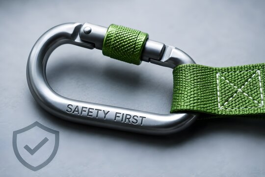 A carabiner with SAFETY FIRST etched on it, signifying protection and secure attachment for various activities.