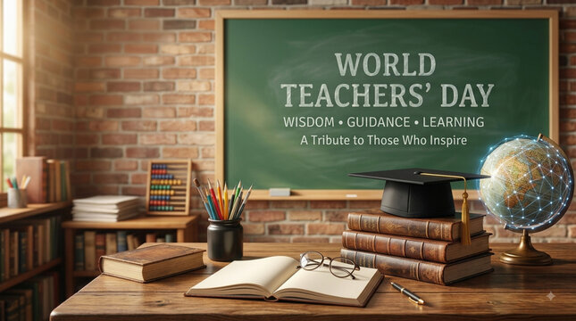 World Teachers Day celebration with globe and retro classroom desk setup for education tribute