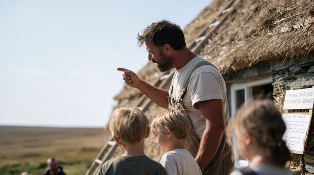 A roof thatcher working alone in a desolate moorland setting, a nuclear family watching from below as heritage food preservation techniques are explained through hand lettered
