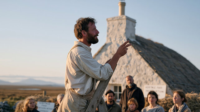 A roof thatcher working alone in a desolate moorland setting, a nuclear family watching from below as heritage food preservation techniques are explained through hand lettered