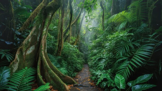 Rainforest jungle path featuring large mossy tree roots and tropical palm leaves illuminated by soft morning sunlight in nature