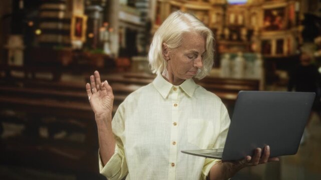 Woman holding laptop, making ok sign with raised hand while looking at screen inside ornate church building; contemplation learning.