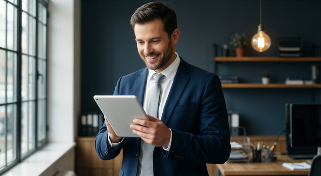Professional businessman smiling while viewing an online store on a tablet in a modern office setting.