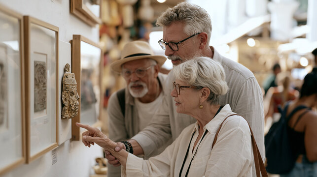 Museum curator and senior fitness program participant pausing beside a mounted artifact display in a vibrant artisan market wing, the couple examining a carved relic together,