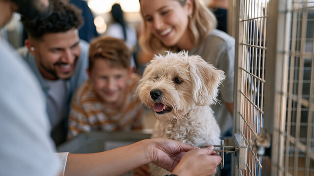Animal shelter worker's hands close up fastening a kennel latch in a busy adoption event space, a blended family of four leaning into the frame from behind a mesh door, the