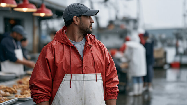A commercial fisher on rain soaked harbor streets photographed over the shoulder, watching a street food vendor transform the morning's fresh catch into skewered dishes for a