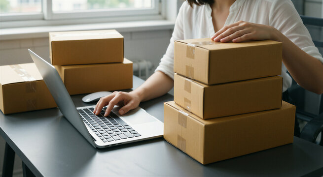 Woman working on laptop with stacked boxes, symbolizing small business and ecommerce startup efforts.