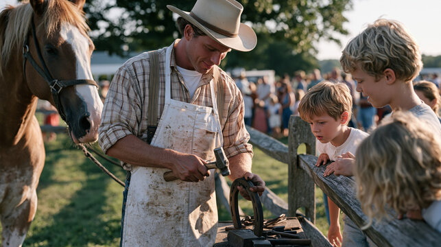 Farrier nailing a horseshoe beside a split-rail fence in open pasture, a crowd of farm families gathered for a county agricultural fair in the background, workhorse standing