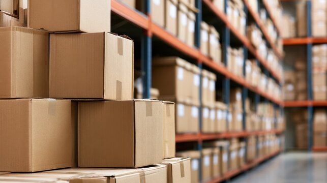 Warehouse cardboard boxes stacked in industrial aisle background for logistics shipping inventory design and e-commerce banner