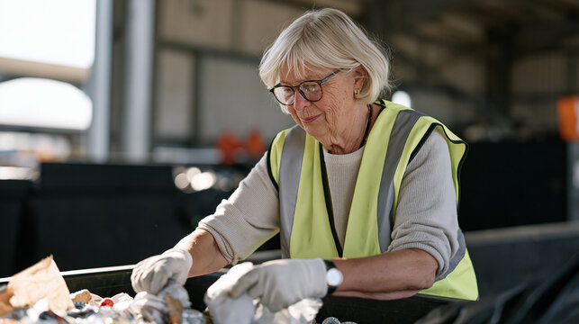 A recycling operations manager under an overcast dramatic sky sorting through compostable packaging at a processing facility, an elderly subject in a high visibility vest