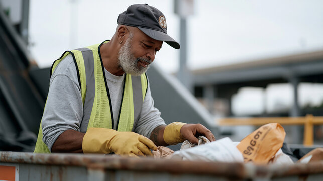 A recycling operations manager under an overcast dramatic sky sorting through compostable packaging at a processing facility, an elderly subject in a high visibility vest