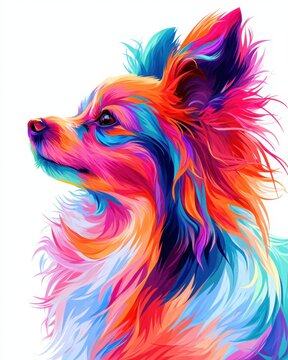 vibrant colorful dog portrait pop art style cute pet doggy illustration rainbow color splash artistic digital drawing isolated on white background fluffy fur animal head poster print standard set