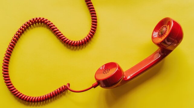 Red telephone handset with a curly cord isolated on a vibrant yellow background viewed from a high angle perspective