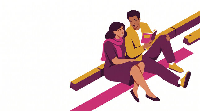 Young couple reading together in an urban setting with colorful decor  