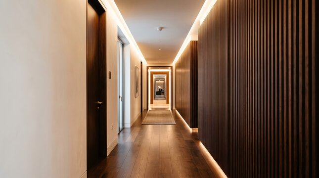 Modern hotel corridor with wood walls and soft lighting