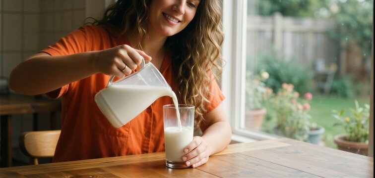 Woman pours milk into a glass during a healthy breakfast lifestyle moment in a bright kitchen setting.