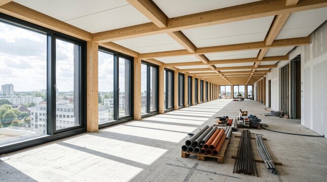 Modern unfinished interior with wooden beams and big windows