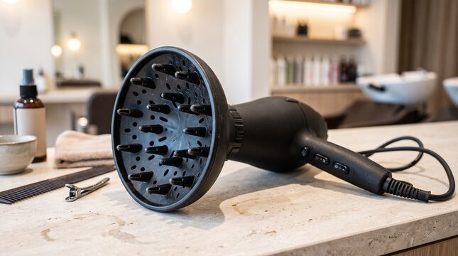 Hair dryer diffuser on salon countertop with hairdressing tools  