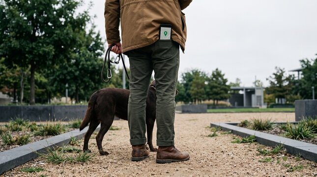 Man walking chocolate labrador dog with smartphone GPS map in pocket outdoors in park for pet tracking navigation concept with casual lifestyle clothing and leather boots