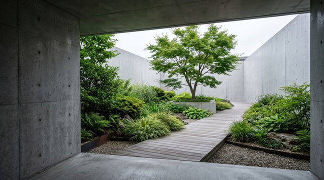 Green tree in a peaceful modern zen garden