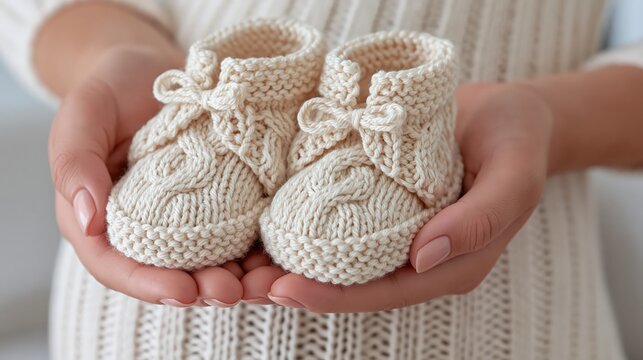 Mother holding tiny knitted baby booties in hands tender warm mood