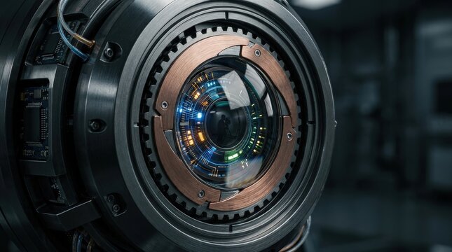 A close up view of a sophisticated robotic eye sensor with glowing internal copper gear mechanics.