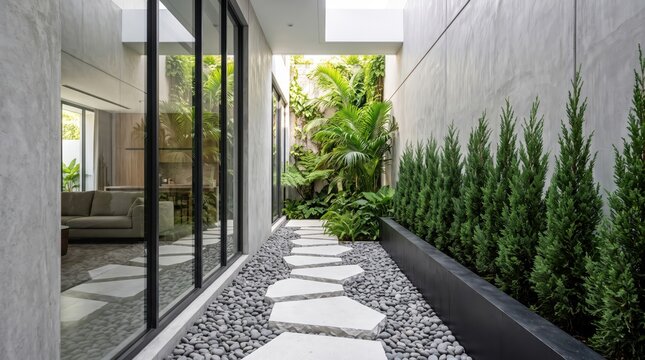 Modern house garden with stone path and green trees
