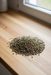 Fototapeta premium Pile of organic hemp seeds on a light wooden surface, healthy eating and natural food ingredient