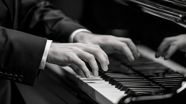 Pianist hands playing piano keys in dramatic black and white style