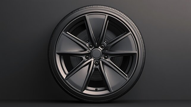 A sleek black alloy wheel rim with a tire against a dark background. Perfect for automotive advertisements and.