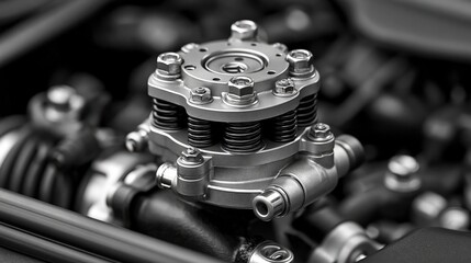 Fototapeta premium Car engine parts mechanical metal assembly macro view industrial style