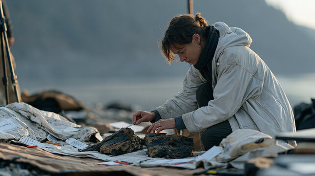 Geologist crouches in early morning river mist comparing two rock core samples laid side by side on a field tarp, the before and after erosion contrast clearly documented, sample