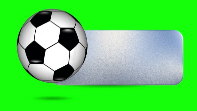 High-resolution 4K ProRes seamless looping animation of a spinning soccer ball paired with a metallic banner lower third placeholder on a chroma key green screen background for sports graphics